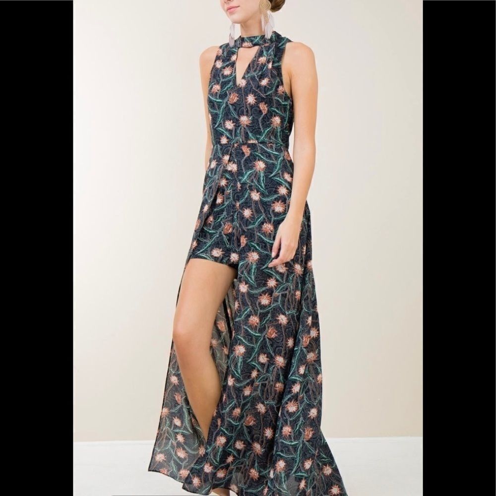 Entro Long Romper Navy Floral Maxi Mock Neck Medium Summer